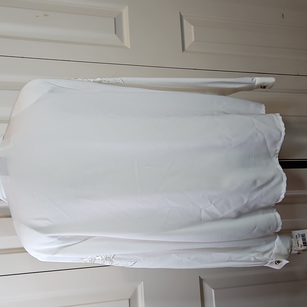 Kathy Che White Blouse Floral Embroidered Button-Up Shirt 14 Vintage - Picture 10 of 13